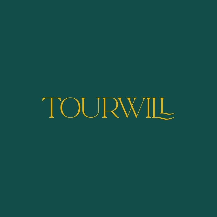 The official Tourwill company logo featuring the text brand name in a sleek golden serif font with stylistic horizontal waves beneath the letter L, centered on a solid dark green background.